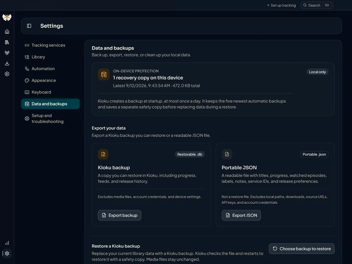 Kioku Settings Data and backups showing one on-device recovery copy, the backup policy, and the Kioku backup and Portable JSON export options