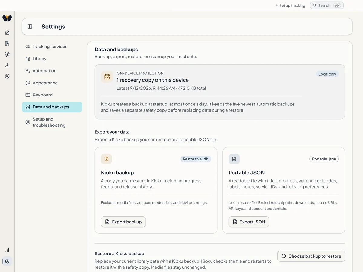 Kioku Settings Data and backups showing one on-device recovery copy, the backup policy, and the Kioku backup and Portable JSON export options