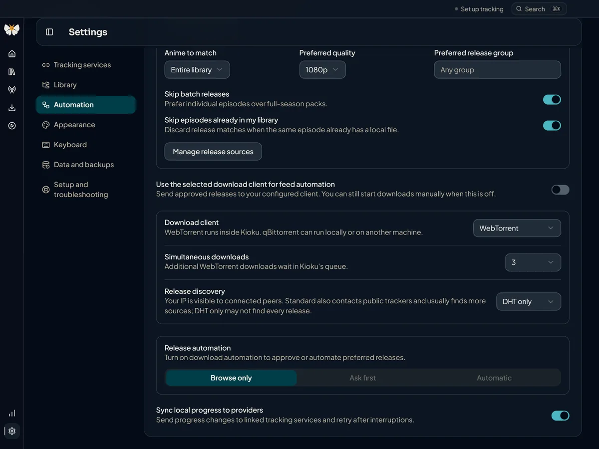 Kioku Settings Automation with the download client set to WebTorrent, three simultaneous downloads, DHT only release discovery, and Browse only release automation