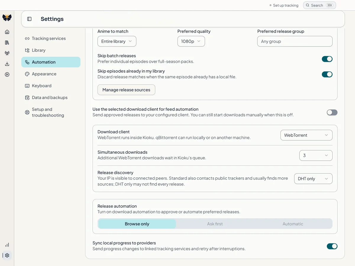 Kioku Settings Automation with the download client set to WebTorrent, three simultaneous downloads, DHT only release discovery, and Browse only release automation