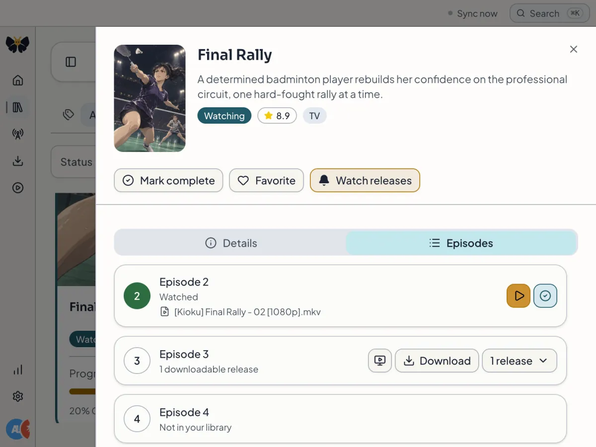 Kioku Final Rally episode view showing a watched episode, episode 3 available to download, and episode 4 missing from the library