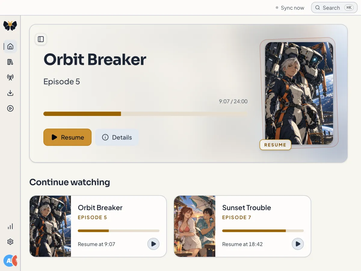 Kioku Home with Orbit Breaker episode 5 ready to resume at 9:07 and two Continue watching cards with saved positions