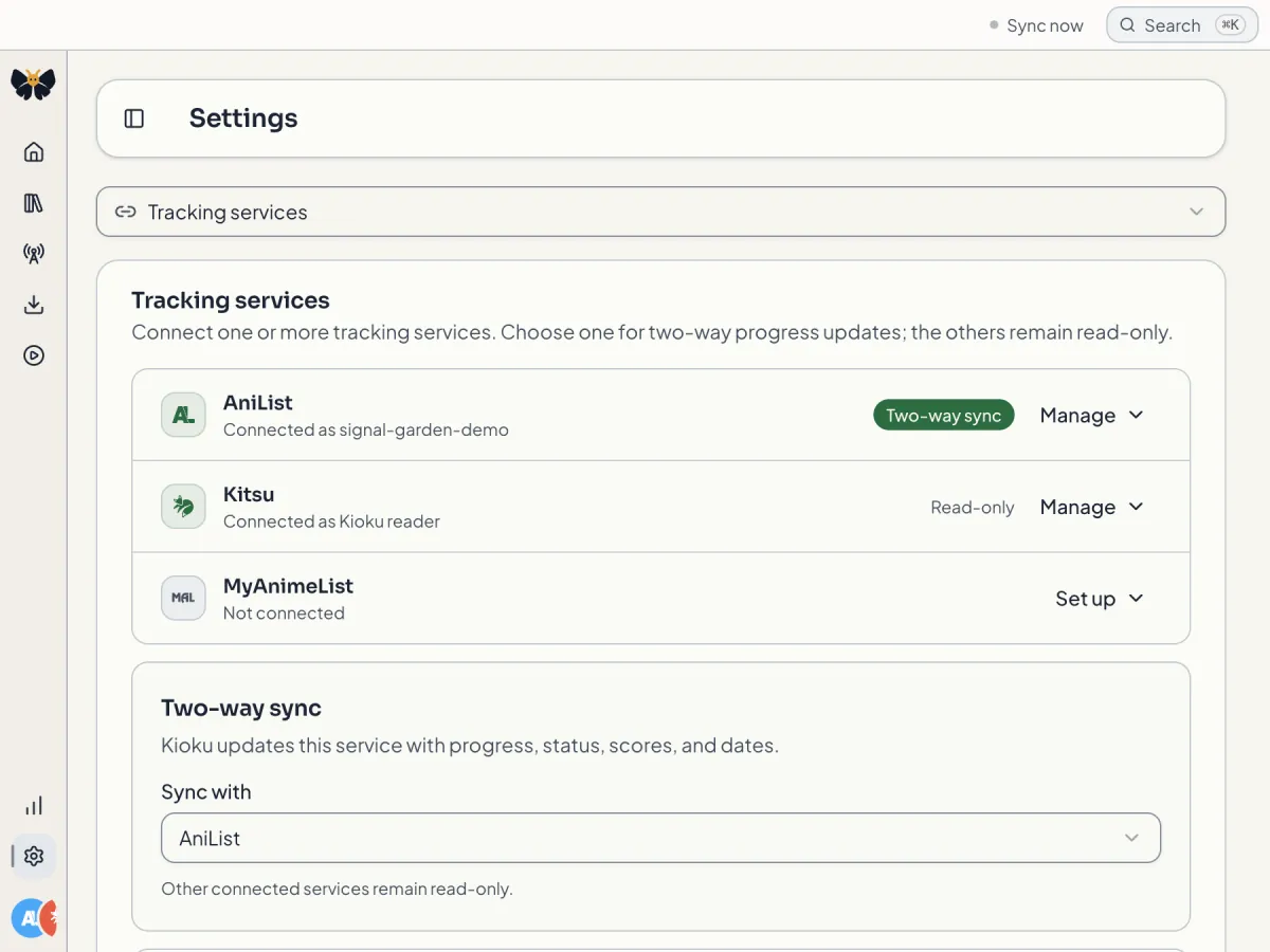 Kioku Tracking services with AniList connected for two-way sync, Kitsu connected as Read-only, and MyAnimeList available to connect